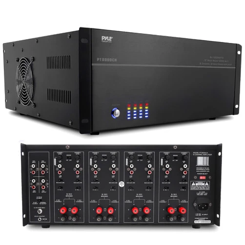 Pyle 4 Multi-Zone Stereo Amplifier - 19” Rack Mount, Powerful 8000 Watts with Speaker Selector Volume Control & LED Audio Level Display - 4-Ch. Bridgeable Switches - Pyle PT8000CH