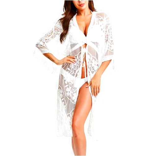 Kistore Women's Lace Cardigan Floral Crochet Sheer Beach Cover Ups Long Open Kimono