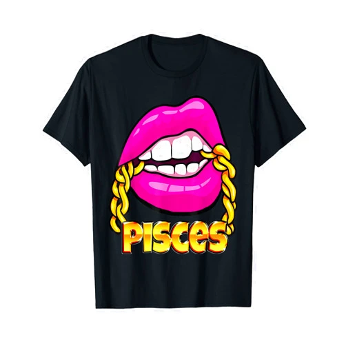 Juicy Lips Zodiacs TPS Black Queen Juicy Lips Pink Gold Chain Pisces Zodiac Sign T-Shirt