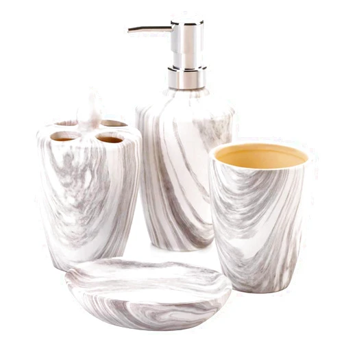 Abodé Luxa, Inc. Lavinia Marble Printed Bath Accessory Set | 4 Piece Bathroom Accessory | Lotion, Soap Dispenser, Toothbrush Holder, Dish, Tumbler | Gift