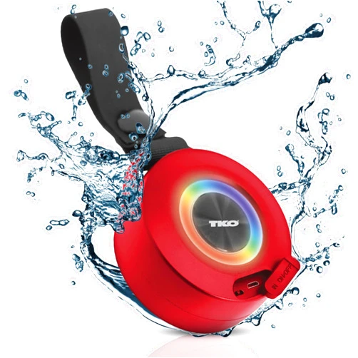 Lifeware Wireless Speaker IPX4 Water Resistant with Light - TWS Speakers Wireless with Built in Rechargeable Battery - Portable USB Speaker with Hanging Strap (Red)