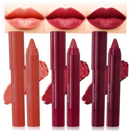 SUAKE 3 Colors Matt Nude Lipstick Lipliner Lip Crayons Pack Set,Velvet Moisture Smooth Matte Lipstick Pencils,Waterproof&Waterlasting,#05#11#12
