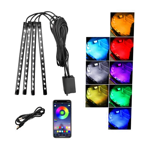 Sylvil Car Led Interior Lights, RGB 48 LED Multicolor Auto Strip Light with Sound Active Function and APP Control, Under Dash Smart Lighting Kit with Charger, Car Accessories (USB)