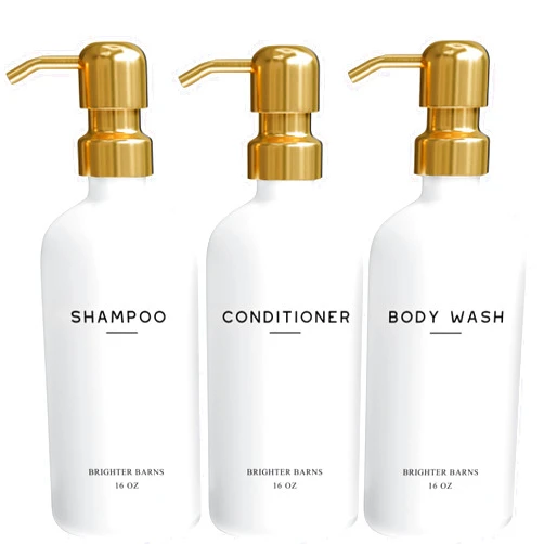 Brighter Barns Luxury Shampoo and Conditioner Dispenser Set by Brighter Barns - Shower Soap Dispenser - Shampoo Conditioner Body Wash Dispenser & Pump - White and Gold Bathroom Accessories in Spa, Hotel, Gift (Gold)