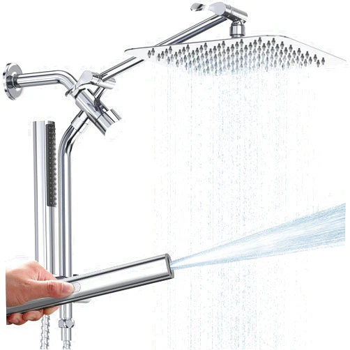 Veken Shower Head, 10'' All Metal Rain Shower Heads with Handheld Spray Combo, Hand Held Bathroom Combo with Extension Arm, Dual shower with Power Wash, Adjustable Rainfall Showerhead Chrome Silver