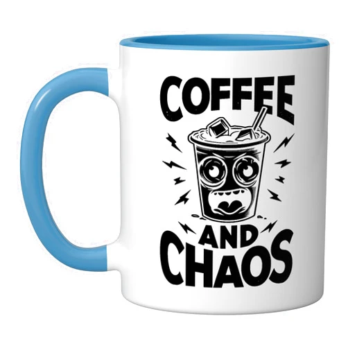 Caffeine Drinking Coffee Lover Gifts Coffee And Chaos Caffeine Drinking Iced Coffee Lover Ceramic Mug, Blue/White