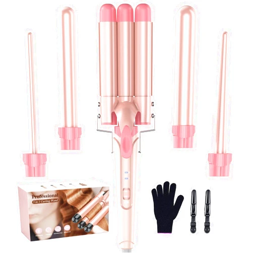 BESTOPE PRO Waver Curling Iron Curling Wand - BESTOPE PRO 5 in 1 Curling Wand Set with 3 Barrel Hair Crimper for Women, Fast Heating Crimper Wand Curler in All Hair Type - Leather Pink