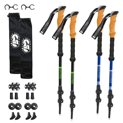 Hiker Hunger Outfitters Trekking Pole Bundle (2 Sets): Carbon Fiber Trekking Pole Set with Blue Aluminum Hiking Pole Set - Backpacking Gear, Camping Gear Must Haves, Walking Sticks for Women Men Kids