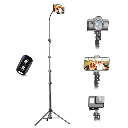 UBeesize 88’’ Flexible Phone Tripod with 14.95’’ Gooseneck, Remote and Phone Holder, Overhead Cell Phone Stand＆Selfie Stick for Video Recording, Compatible with iPhone Android Phone, Camera Black