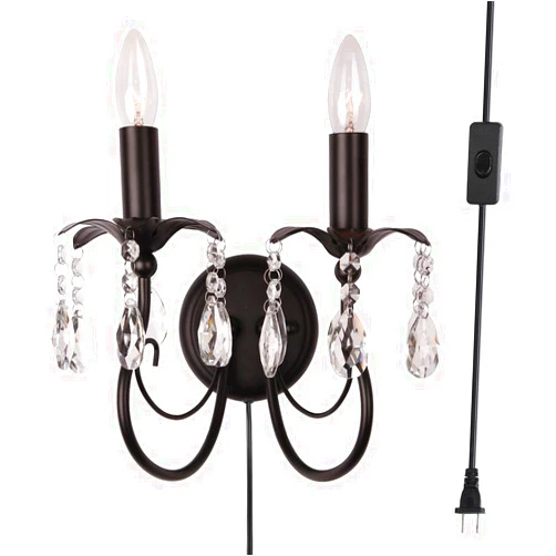 MASIVEL Plug in Wall Sconces, 2 Lights Crystal Wall Light Fixtures Vintage, E12 Mid Century Black Candle Wall Lighting for Bedroom Bedside Vanity Living Room Kitchen Hallway Staircase Office