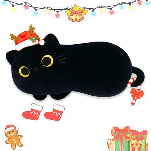 Fortuning's JDS Black Cat Plush Lumbar Pillow, Stuffed Animals Cat Plush Pillow, Cute Cat Travel Pillow Cat Nap Pillow Waist Cushion, Cat Plushie Black Cat Toy Pillow for Kids Gift for Christmas Thanksgiving Birthday
