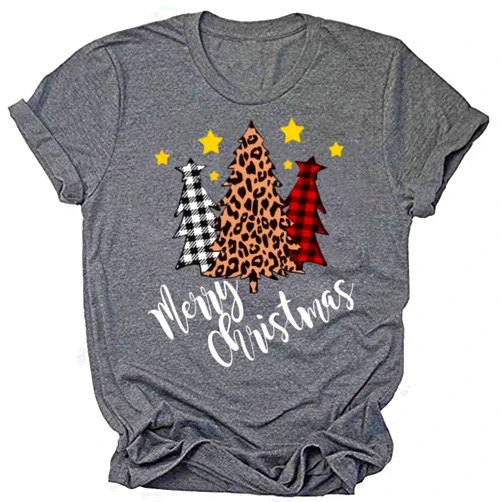 Beopjesk Christmas Shirts Womens Leopard Plaid Trees Printed Casual Short Sleeve Graphic Tees Tops