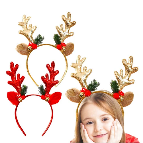 HANSAMU Christmas Headband Antlers Hair Bands, Christmas Glitter Elk Antlers Hair Hoop Headwear Gift for Women Costume Christmas Holiday Party Costume Hat Accessory (Red & Gold)