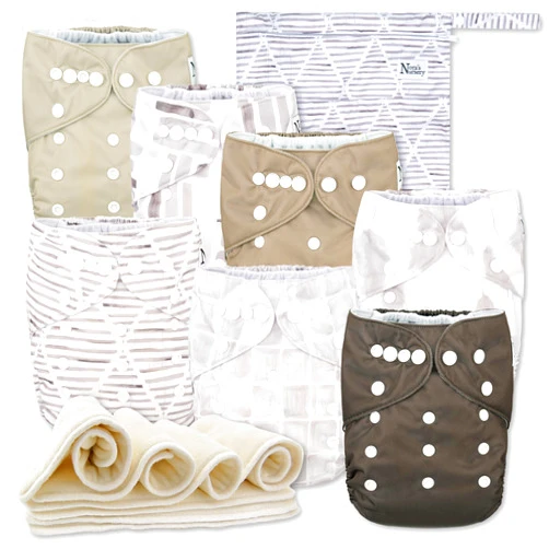 Nora's Nursery Cloth Diapers 7 Pack with 7 Inserts & 1 Wet Bag - Waterproof Cover, Washable, Reusable & One Size Adjustable Pocket Diapers for Newborns and Toddlers - Earthy Boho