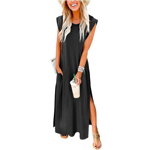 ANRABESS Womens Maxi Dresses 2025 Summer Casual Sleeveless Sundress Crew Neck Loose Split Beach Long Shirt Dress with Pockets