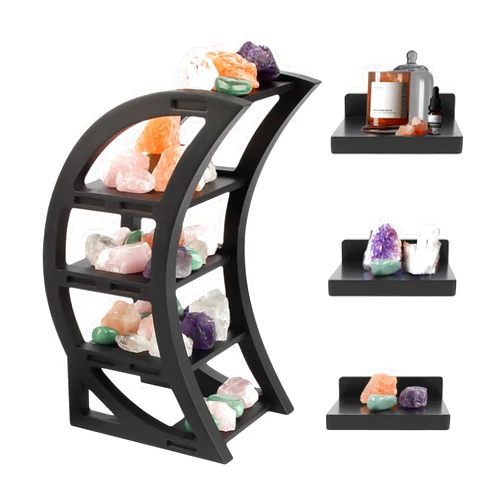 Kiusatig Wooden Crescent Moon Shelf Crystal Shelf Holder with 3 Small Wall Floating Shelves for Stones and Essential Oil Bedroom Living Room Bathroom Decor