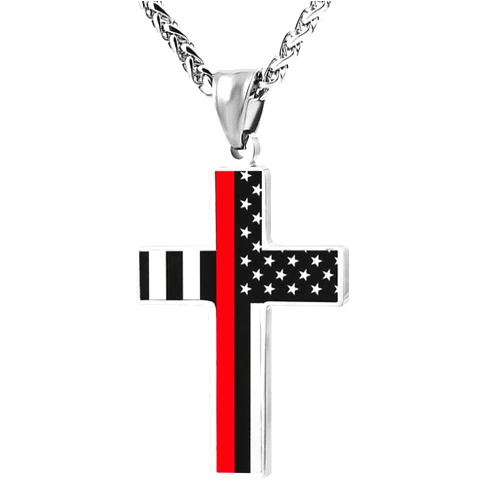 Adjzepuo Red Black Thin Line American Firefighter Flag Cross Pendant Necklace for Men Religious Jewelry Polished Silver Chain Necklace Birthday Gift