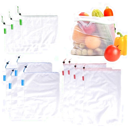 JZK 11 PCS small medium large eco-friendly reusable foldable mesh drawstring shopping bags for fruit and vegetables, grocery produce net bags