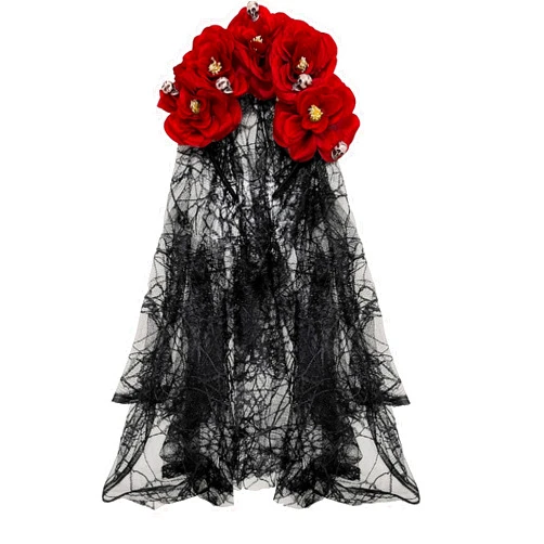 Oiziuzio Gothic Rose Flower Veil Headwear Day of The Dead Lace Veil Floral Skull Decor Headdress Halloween for Adult Women