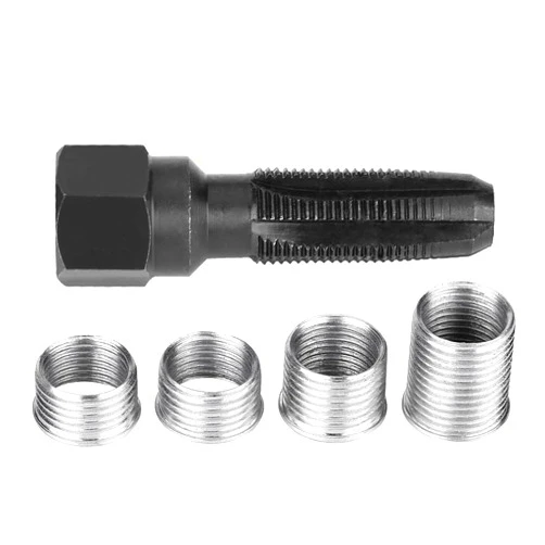 Akozon Spark Plug Thread Repair Kit, Akozon 5Pcs Carbon Steel Spark Plug Re-thread Tap Tools with Inserts for 14mm Sparking Plugs Repair