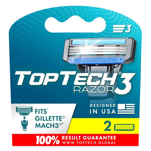 Toptech Razor 3 for Men - Manual Shaving Razors Replaceable Cartridges - 3-Blade Refills - 2 Count Pack - Fits Gillette Mach3 - Soft Shave & Sharp Blades