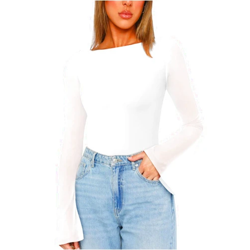 REORIA Women’s Trendy Sexy Boat Neck Bell Sleeve Sheer Mesh Going Out Bodysuit Tops