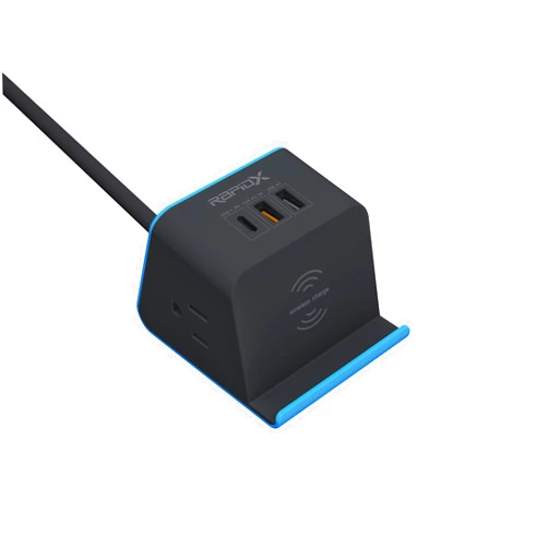 RapidX MyDesktop Pro 60W 3 USB Ports and 2 Power Outlets Power Station with Wireless Charging Stand for iPhone, Android, Tablets and Laptops, Blue