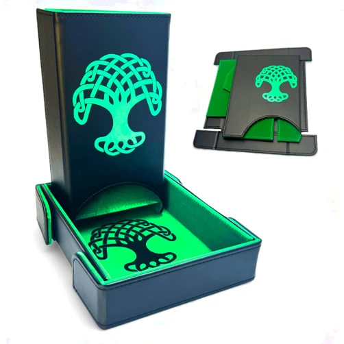Luck Lab Folding Dice Tower and Dice Tray for RPG Table Top Gaming - Black/Green - Tree of Life Design