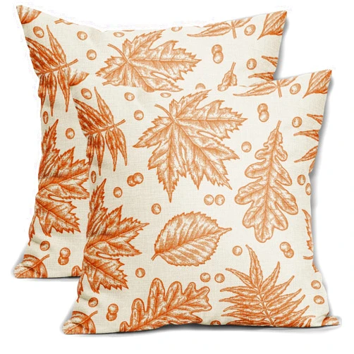 Aytipun Fall Pillow Covers 18x18 Set of 2 Burnt Orange Maple Leaf Autumn Harvest Print Decorative Throw Pillows Outdoor Pillowcase Linen Cushion Case Decor for Sofa Couch Bed