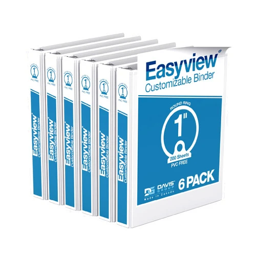 Davis Group Easyview Premium 3-Ring Binders with Clear-View Covers and Round Rings, Binders for School or Office, 1 Inch, Pack of 6, White