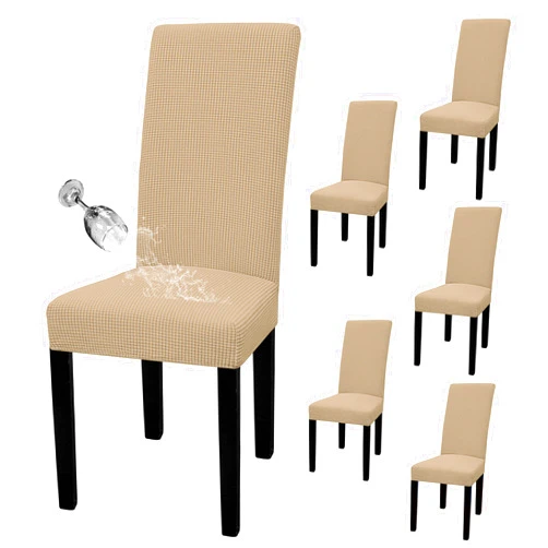 Easy-Going 100% Waterproof Dining Room Chair Cover Set of 6, Stretch Jacquard Parson Chair Slipcover Removable Washable Chair Protector for Home, Restaurant, Banquet (Large, Sand)