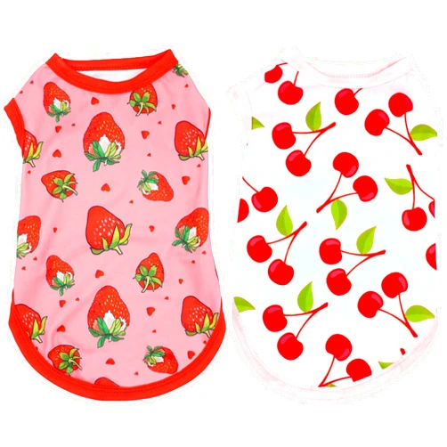JpGdn 2pcs/Pack Dog Shirts Sleeveless for Small Dog Girl Pink Red Strawberry Cherry Print Puppy Clothes Vest Outfit Light Soft Breathable