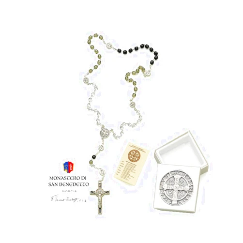 Cana Collection St Benedict Rosary Norcia Multicolor Glass Beads Made in Italy Boxed Silver