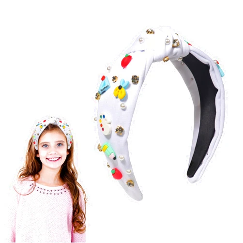 HAKJXOS Back to School Headband Knotted Headbands Apple Pencil Rhinestone Pearl Headbands for Women White Headbands Cute Hair Accessories for Girls Jewel Headbands for Girls Kids 1Pcs (White)