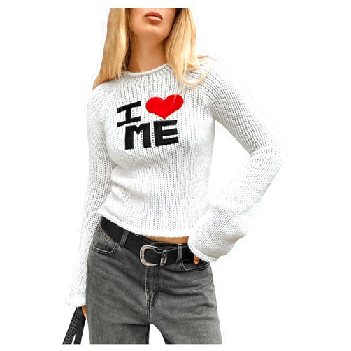 MakeMeChic Women's Heart Print Long Sleeve Sweater Round Neck Slim Fit Knitted Pullover Tops