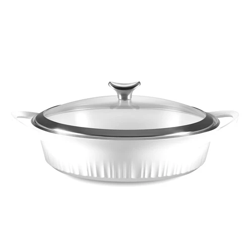 CorningWare QuickHeat 4-QT Cast Aluminum Braiser With Lid, Nonstick Ceramic Interior, Lightweight and Fast Even Heat Baking & Cooking, For Meats, Soup, Browning, Searing, French White