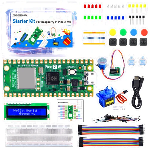 GeeekPi Starter Kit for Raspberry Pi Pico 2 W (Included), Dual Arm Cortex-M33 and Dual Hazard3 RISC-V Microcontroller, with Detailed Tutorial, 160 Items, 9 Projects, Python C Code