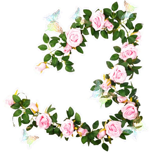 Yebazy 2PCS 13Ft Pink Flower Rose Garland Valentines Decor with 6Pcs 3D Butterflies Artificial Pink Rose Vines Floral Garland Artificial Silk Roses for Bedroom Wedding Arch Bathroom Wall Decor