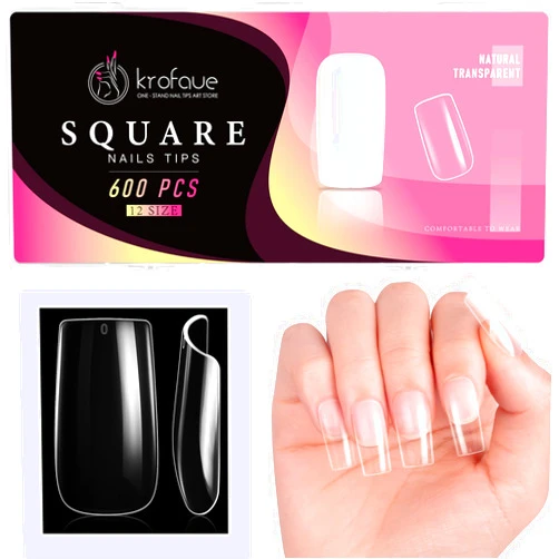 krofaue Square Nails Tips 600Pcs False Acrylic Fingernails Clear Nails Tips Full Cover French Artificial Nails Tip 12 Sizes with Box for Nail Tips Art Salons and Home DIY(Clear)