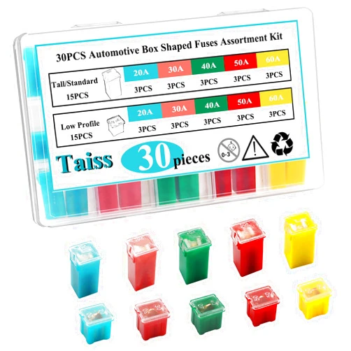 Taiss 30PCS Automotive Tall/Standard and Low Profile Box Shaped Fuses Assortment Kit, Car Fuses(20A, 30A, 40A, 50A, 60A) Suitable for Chevrolet, Ford, Nissan Pickup SUV and Other Vehicles