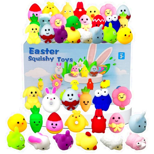 Pinkiwine 24 PCS Easter Mochi Squishy Toys Stress Relief Squishies for Kids Boys Girls Toddlers Easter Basket Stuffers Fillers Gifts Party Favors