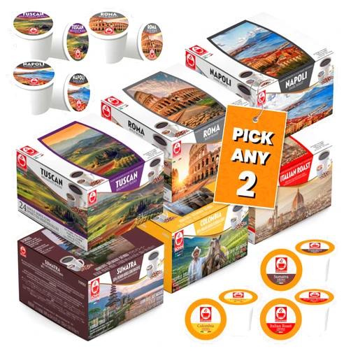Caffè Tiziano Bonini Bonini Coffee Pods, Keurig Compatible Coffee Pods, K-Cup. Pick Any 2 Packs from 6 flavours Inc. Roma, Napoli, Sumatra, Colombia, Tuscan, Italian Roast. Each Pack 24 pods (Total 48 pods)