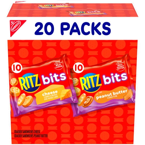 RITZ Bits Cheese and RITZ Bits Peanut Butter Sandwich Crackers Variety Pack, Lunch Snacks, 20 Snack Packs