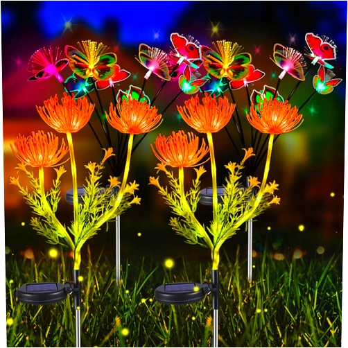 Neporal 4PK Solar Garden Lights Outdoor, Solar Flower Lights + Multi-Color Solar Butterfly Lights Outdoor, Swaying Solar Yard Decorations for Outdoor, IP65 Waterproof (Glowing Flowers, 4, Count)