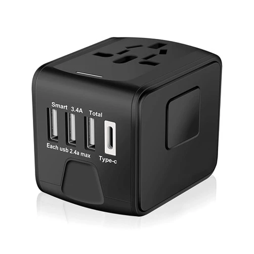 SAUNORCH Universal International Travel Power Adapter W/High Speed 2.4A USB, 3.0A Type-C Wall Charger, European Adapter, Worldwide AC Outlet Plugs Adapters for Europe, UK, US, AU, Asia-Black