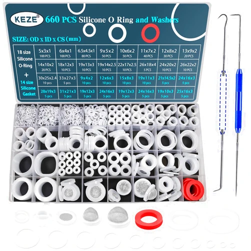 Keze 660 PCS 18 Size Clear Food Grade Silicone O Ring Assortment Kit and 14 Size Silicone Washer Set,Silicone Oring for Seal Plumbing Faucet Hose