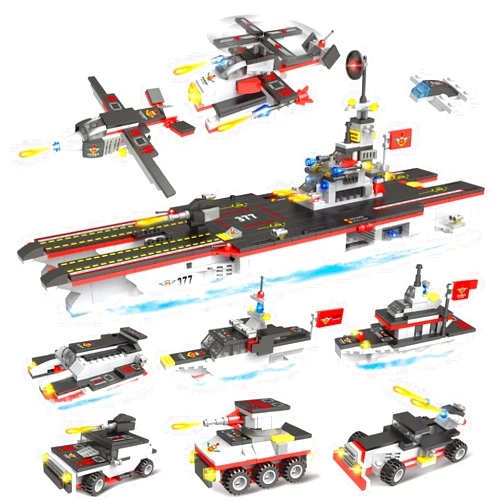 EP EXERCISE N PLAY Aircraft Carrier Building Blocks Set, 8 in 1 Military Battleship Model Building Toy Kit with Armored Tank, Helicopter & Patrol Boat Learning Roleplay STEM Construction Toys Gift for Kids 6+