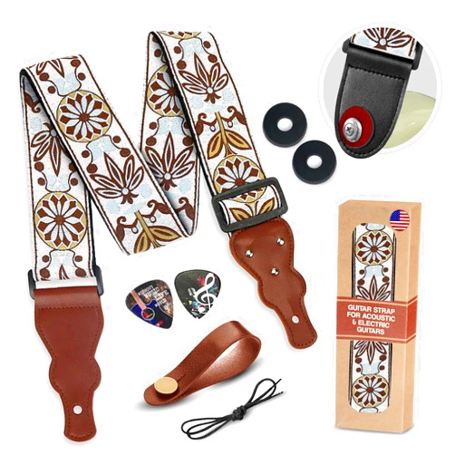 Art Tribute Guitar Strap For Acoustic, Electric and Bass Guitars, White Vintage Woven Embroidered Adjustable Strap Includes 2 Strap Locks & 2 Picks Pick Pocket