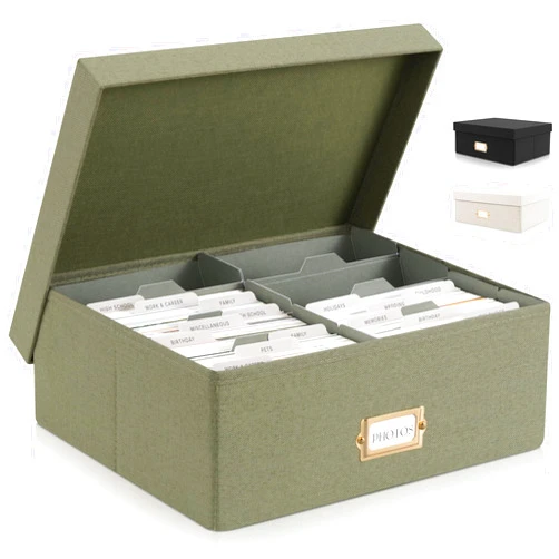 ZICOTO Decorative Photo Storage Box - Collapsible Linen Photo Organizer with Dividers is Perfect to Store All Your 4x6 Pictures and Photos - Portable Scrapbook Storage Containers with Lid