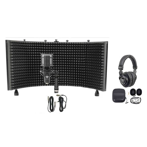 Rockville RCM PRO Bundle: Studio Recording Condenser Microphone w/Samsung Capacitors, PRO-M50 Studio Headphones w/Case and Extra Ear Pads, ROCKSHIELD 3 Mic Isolation Shield w/Foam, 3-Items